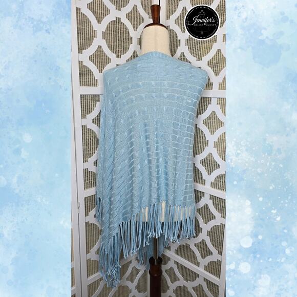 Chico's Light Blue Colleen Cable Knit Asymmetrical Fringe Poncho One Size - Picture 8 of 11